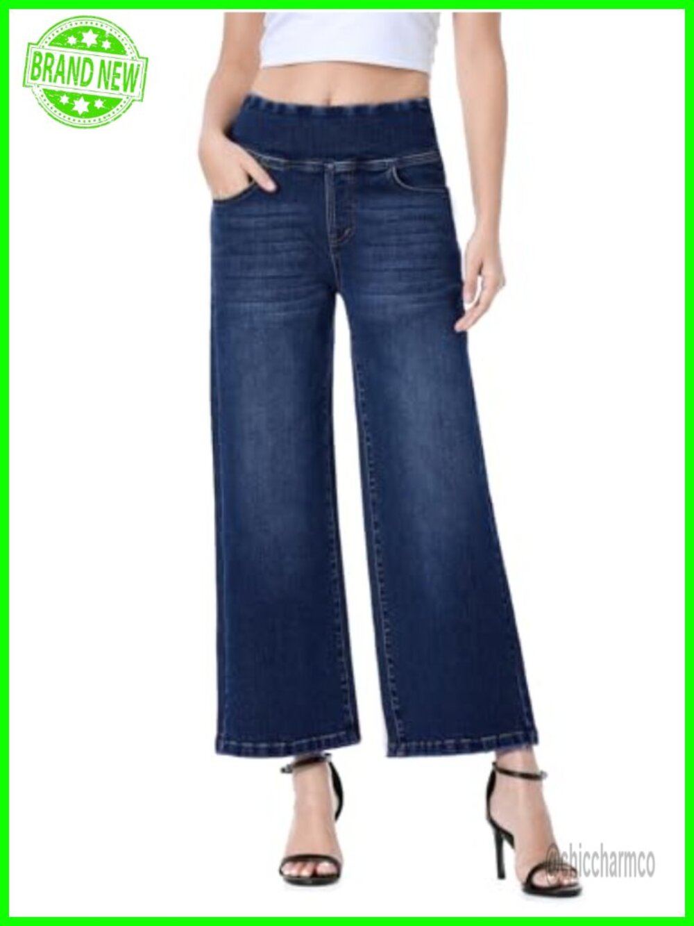 Wide Leg Cropped Jeans High Waist Pull On Stretchy Capri Pants